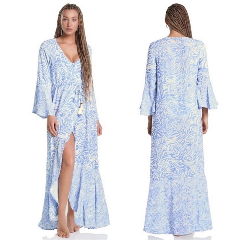 Maaji White Blue Animal Tiger Print Long Sleeve Maxi Kimono Dress Coverup - Picture 4 of 14